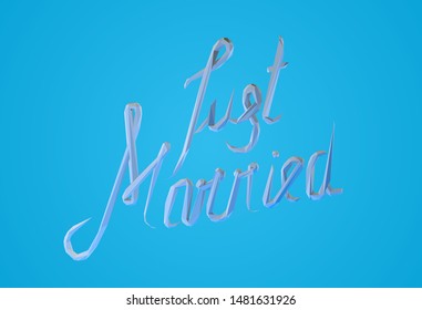 White Plaster Just Married Hand Lettering on Blue Background. Low Poly Vector 3D Rendering