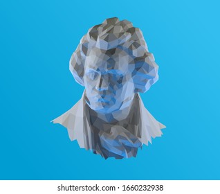 White Plaster Ludwig van Beethoven on Blue Background. Low Poly Vector 3D Rendering