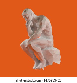 White Plaster Thinker Man on Orange Background. Low Poly Vector 3D Rendering
