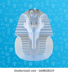 White Plaster Tutankhamun Burial Mask on Blue Background. Low Poly Vector 3D Rendering