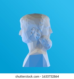 White Plaster Two-faced Janus, Greek God of Time on Blue Background. Low Poly Vector 3D Rendering