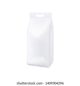 White plastic bag of laundry detergent - blank realistic mockup for product branding and packaging design. 3D matte stand pouch for retail, isolated vector illustration on white background