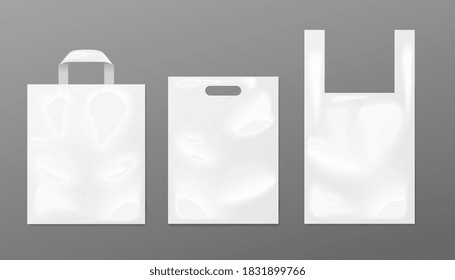 White plastic bag mockup set - different shapes of realistic shiny packaging mock ups with blank space for branding. Vector illustration collection.