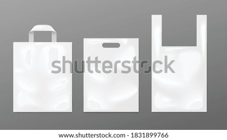 White plastic bag mockup set - different shapes of realistic shiny packaging mock ups with blank space for branding. Vector illustration collection.