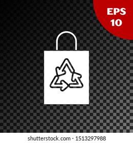White Plastic bag with recycle icon isolated on transparent dark background. Bag with recycling symbol.  Vector Illustration
