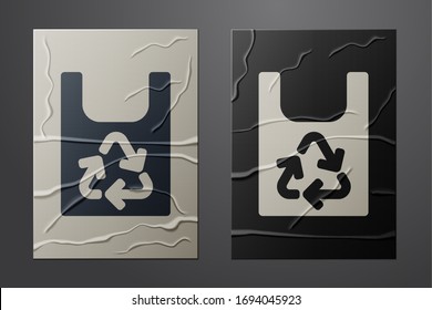 White Plastic bag with recycle icon isolated on crumpled paper background. Bag with recycling symbol. Paper art style. Vector Illustration