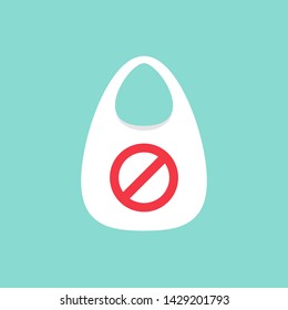 white plastic bag with red circle. stop using disposable polythene package. Save the earth,  environment concept. Forbidden polythene, cellophane packets.  Vector illustration isolated on powder blue