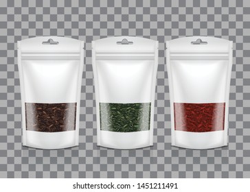 White Plastic bag with window. Black, green, red tea. Packaging template mockup collection for your design
