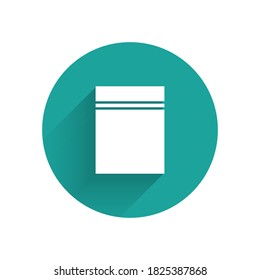 White Plastic bag with ziplock icon isolated with long shadow. Green circle button. Vector Illustration