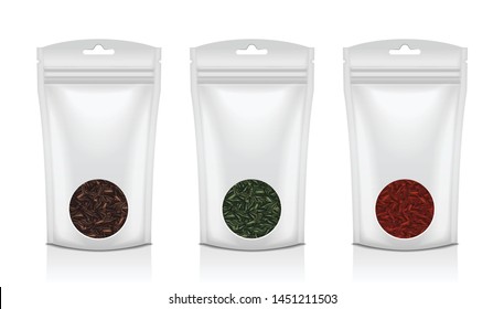 White Plastic bags with round windows. Black, green, red tea. Packaging template mockup collection for your design