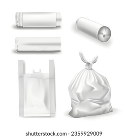 White plastic bags for trash, garbage and rubbish. Transparent trash bag realistic set with wrapped pack of sacks on white background vector illustration.