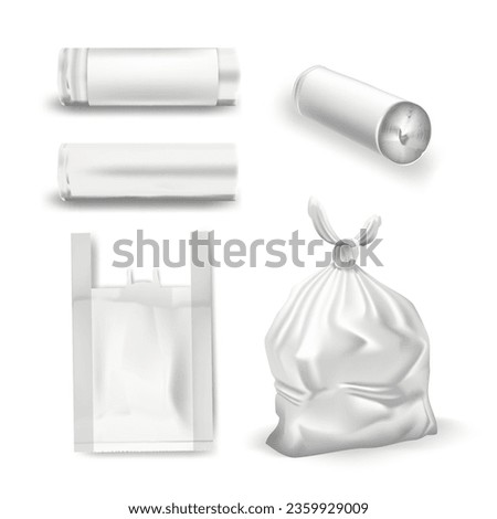 White plastic bags for trash, garbage and rubbish. Transparent trash bag realistic set with wrapped pack of sacks on white background vector illustration.