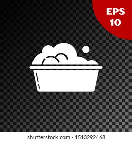 White Plastic basin with soap suds icon isolated on transparent dark background. Bowl with water. Washing clothes, cleaning equipment.  Vector Illustration