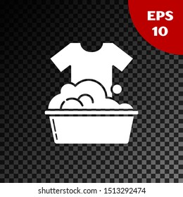 White Plastic basin with soap suds icon isolated on transparent dark background. Bowl with water. Washing clothes, cleaning equipment.  Vector Illustration