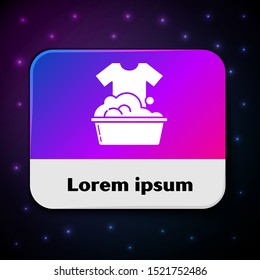 White Plastic basin with soap suds icon isolated on black background. Bowl with water. Washing clothes, cleaning equipment. Rectangle color button. Vector Illustration