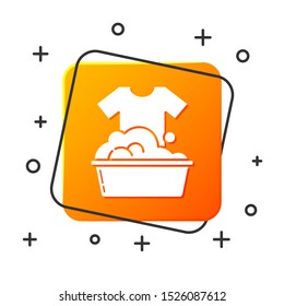 White Plastic basin with soap suds icon isolated on white background. Bowl with water. Washing clothes, cleaning equipment. Orange square button. Vector Illustration