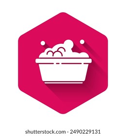 White Plastic basin with soap suds icon isolated with long shadow. Bowl with water. Washing clothes, cleaning equipment. Pink hexagon button. Vector Illustration