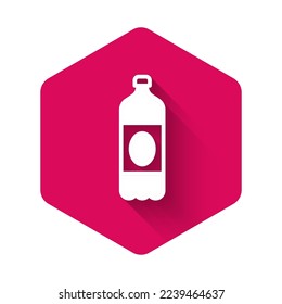 White Plastic beer bottle icon isolated with long shadow background. Pink hexagon button. Vector