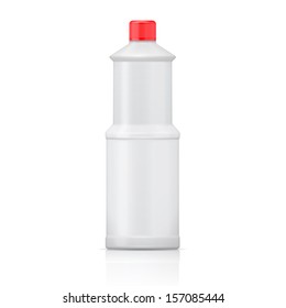 White plastic bottle for bleach, cleaning agent or washing cleaner. Packaging collection. Vector illustration.