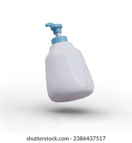 Frasco de plástico blanco con dispensador azul. Concepto de producto cosmético. El concepto de jabón, champú o detergente. Ilustración vectorial con lugar para texto en un estilo 3d realista