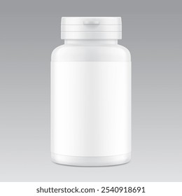 White plastic bottle container with snap-hinge cap. Vector illustration isolated on grey background. Front view. Mockup perfect show your product with tamper evident push-on hinged cap. EPS10.