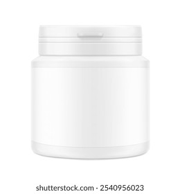 White plastic bottle container with snap-hinge cap. Vector illustration isolated on white background. Front view. Mockup perfect show your product with tamper evident push-on hinged cap. EPS10.