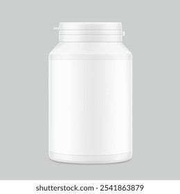 White plastic bottle container with snap-hinge cap. Vector illustration isolated on grey background. Front view. Mockup perfect show your product with tamper evident push-on hinged cap. EPS10.