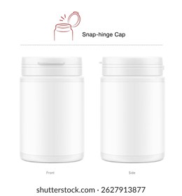 White plastic bottle container with snap-hinge cap. Vector illustration isolated on white background. Front view. Mockup perfect show your product with tamper evident push-on hinged cap. EPS10.