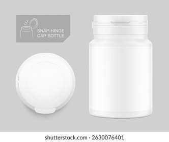 White plastic bottle container with snap-hinge cap. Vector illustration isolated on grey background. Front view. Mockup perfect show your product with tamper evident push-on hinged cap. EPS10.