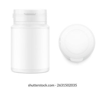 White plastic bottle container with snap-hinge cap. Vector illustration isolated on white background. Front view. Mockup perfect show your product with tamper evident push-on hinged cap. EPS10.