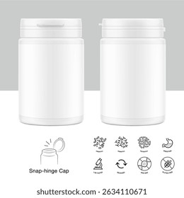 White plastic bottle container with snap-hinge cap. Vector illustration isolated on white background. Front view. Mockup perfect show your product with tamper evident push-on hinged cap. EPS10.