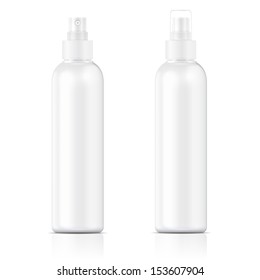 White plastic bottle (cosmo round style) with fine mist ribbed sprayer for cosmetic, perfume, deodorant, freshener. Ready for your design. Product packaging collection. Vector illustration. EPS10.
