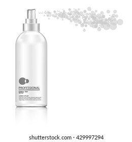 White plastic bottle (cosmo round style) with fine mist ribbed sprayer for cosmetic, perfume, deodorant, freshener. Ready for your design. Product packaging collection. Vector illustration. EPS10.