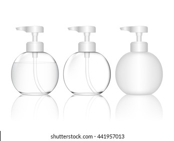 White plastic bottle with dispenser pump (transparent). Cosmetic container for shower gel, liquid soap, lotion, cream, shampoo, bath foam. Beauty product package. Vector illustration.