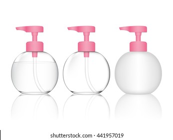 White plastic bottle with dispenser pump (transparent). Cosmetic container for shower gel, liquid soap, lotion, cream, shampoo, bath foam. Beauty product package. Vector illustration.