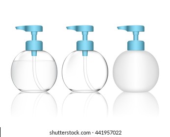 White plastic bottle with dispenser pump (transparent). Cosmetic container for shower gel, liquid soap, lotion, cream, shampoo, bath foam. Beauty product package. Vector illustration.
