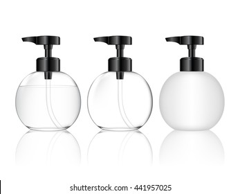 White plastic bottle with dispenser pump (transparent). Cosmetic container for shower gel, liquid soap, lotion, cream, shampoo, bath foam. Beauty product package. Vector illustration.