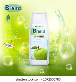 White plastic bottle with hair shampoo. Green apple and splashing water. Product brand mockup design. Stock vector illustration.