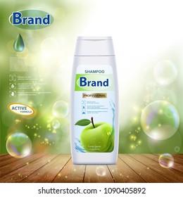 White Plastic Bottle With Hair Shampoo. Green Apple On Label. Product Brand Mockup Design. Stock Vector Illustration.