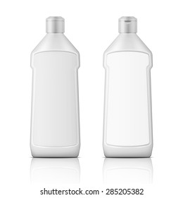 White Plastic Bottle With Label For Bleach, Cleaning Agent Or Washing Cleaner. Packaging Collection. Vector Illustration.