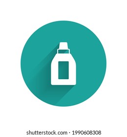 White Plastic bottle for laundry detergent, bleach, dishwashing liquid or another cleaning agent icon isolated with long shadow background. Green circle button. Vector