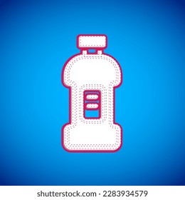White Plastic bottle for laundry detergent, bleach, dishwashing liquid or another cleaning agent icon isolated on blue background.  Vector