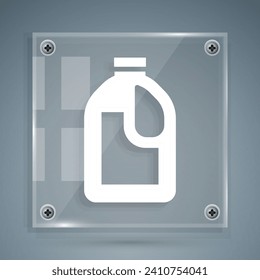 White Plastic bottle for laundry detergent, bleach, dishwashing liquid or another cleaning agent icon isolated on grey background. Square glass panels. Vector