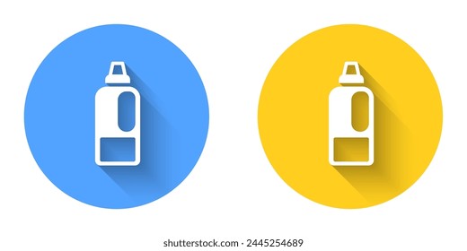 White Plastic bottle for laundry detergent, bleach, dishwashing liquid or another cleaning agent icon isolated with long shadow background. Circle button. Vector