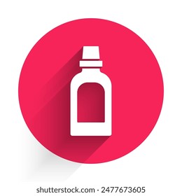 White Plastic bottle for laundry detergent, bleach, dishwashing liquid or another cleaning agent icon isolated with long shadow. Red circle button. Vector