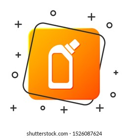 White Plastic bottle for liquid laundry detergent, bleach, dishwashing liquid or another cleaning agent icon isolated on white background. Orange square button. Vector Illustration