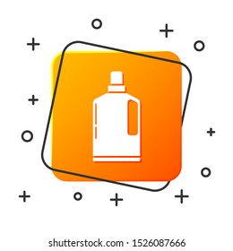 White Plastic bottle for liquid laundry detergent, bleach, dishwashing liquid or another cleaning agent icon isolated on white background. Orange square button. Vector Illustration