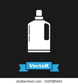 White Plastic bottle for liquid laundry detergent, bleach, dishwashing liquid or another cleaning agent icon isolated on black background.  Vector Illustration