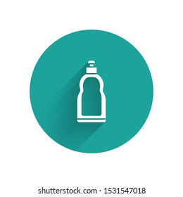 White Plastic bottle for liquid laundry detergent, bleach, dishwashing liquid or another cleaning agent icon isolated with long shadow. Green circle button. Vector Illustration