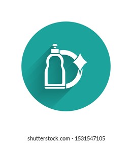 White Plastic bottle for liquid laundry detergent, bleach, dishwashing liquid or another cleaning agent icon isolated with long shadow. Green circle button. Vector Illustration